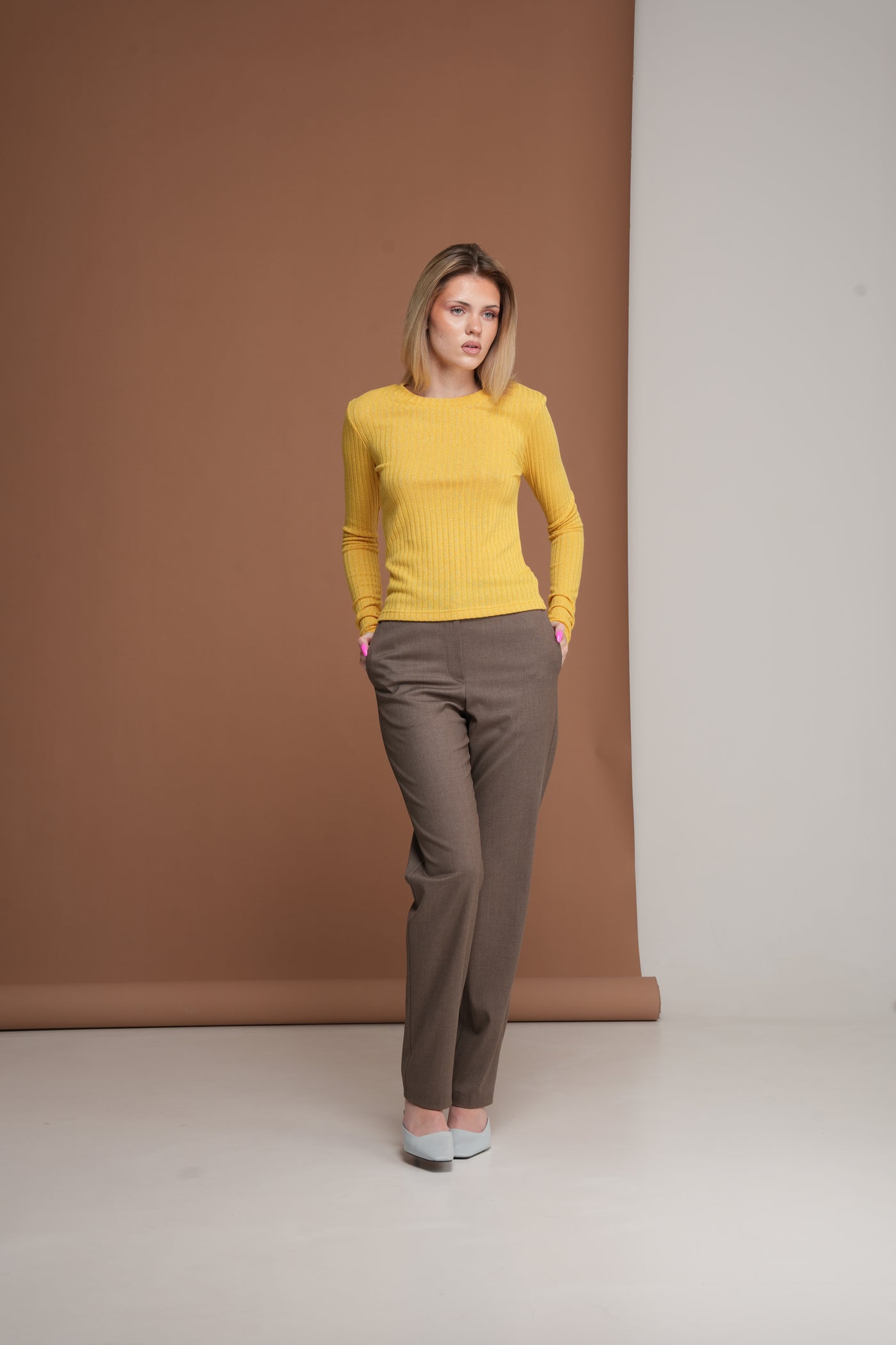 Ribbed Knit Crew Neck Sweater.