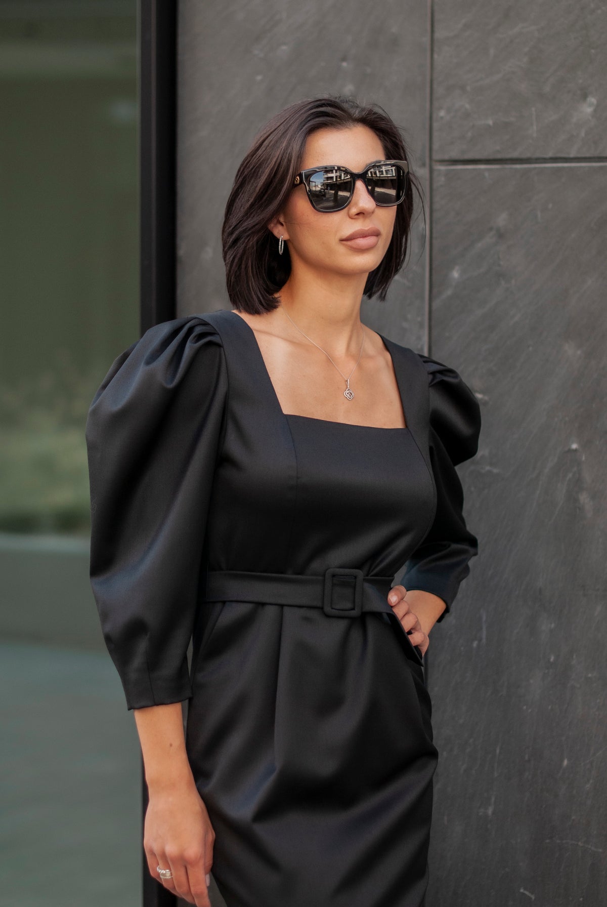 Black Wool Blend Sheath Dress