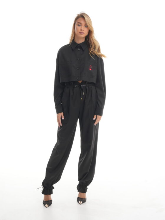 Cropped Black Shirt with Brand Logo Embroidery.