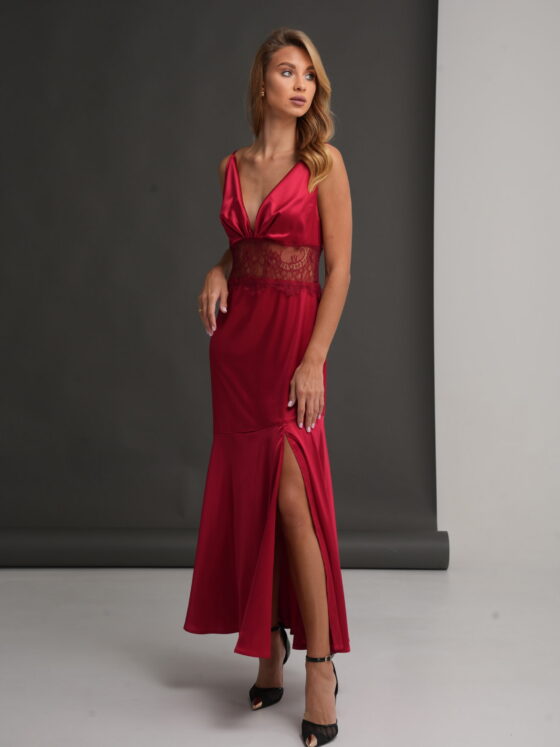 Silk Dress with Lace Inserts. Red.